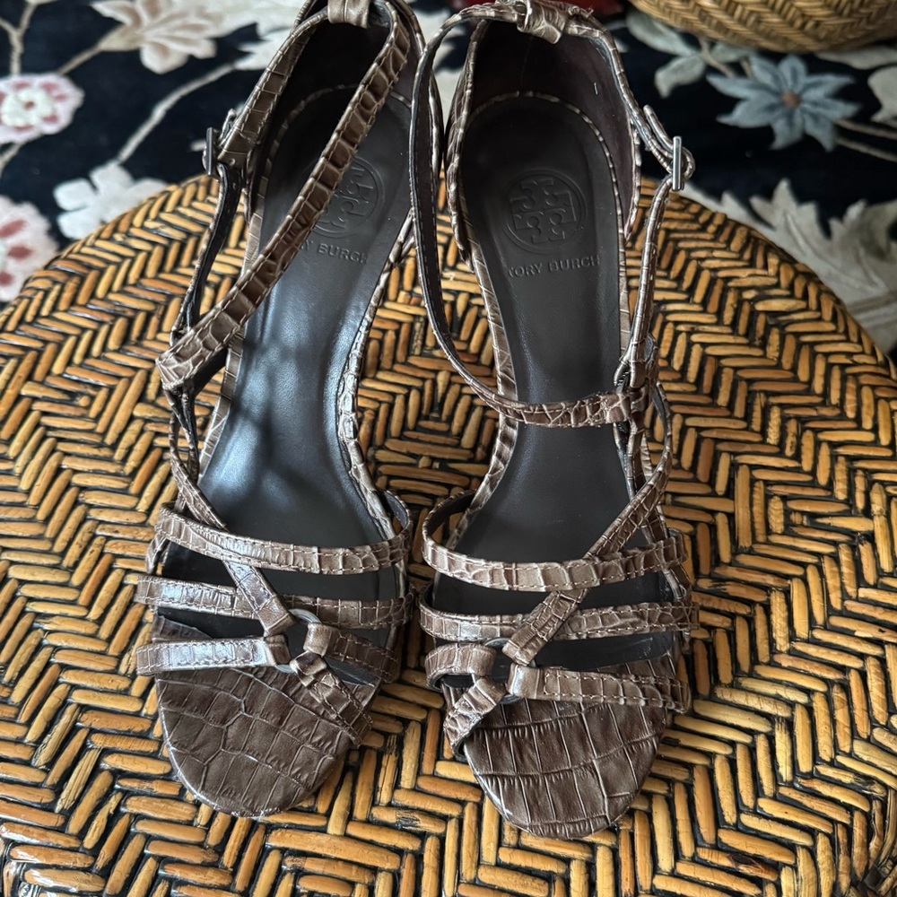 Tory Burch Brown Lizard Sandals with Intricate Straps